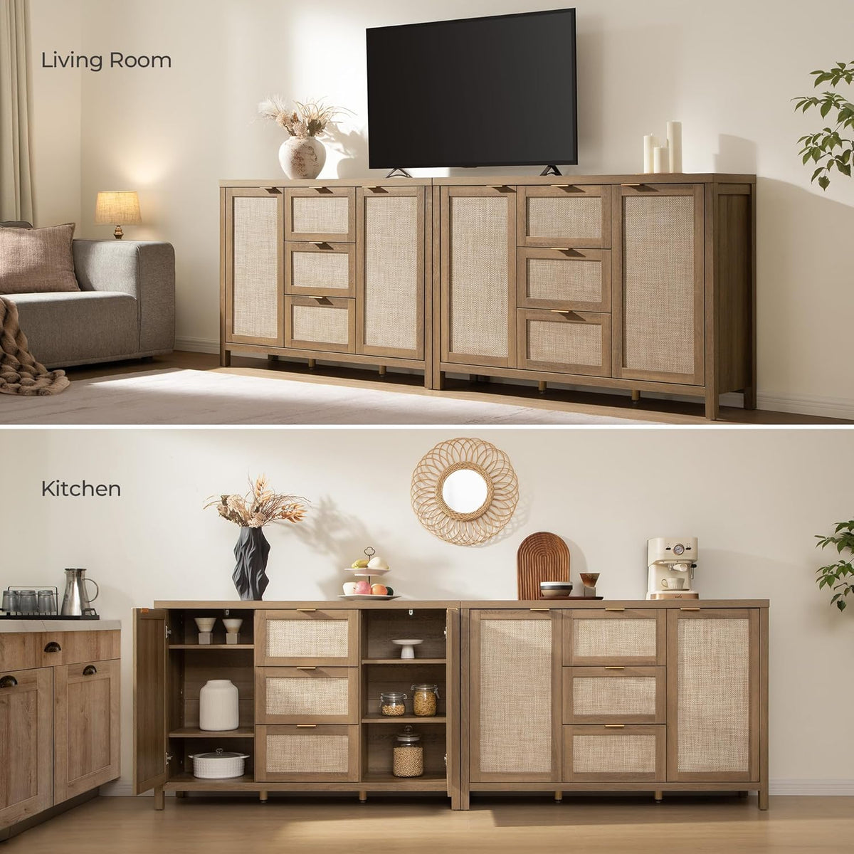 SICOTAS Rattan Sideboard Buffet Cabinet with Storage - 52" Larger Farmhouse Credenza Storage Coffee Bar Cabinet with 3 Drawers & 2 Doors, Boho Console Table for Living Room, Kitchen, Caramel Oak