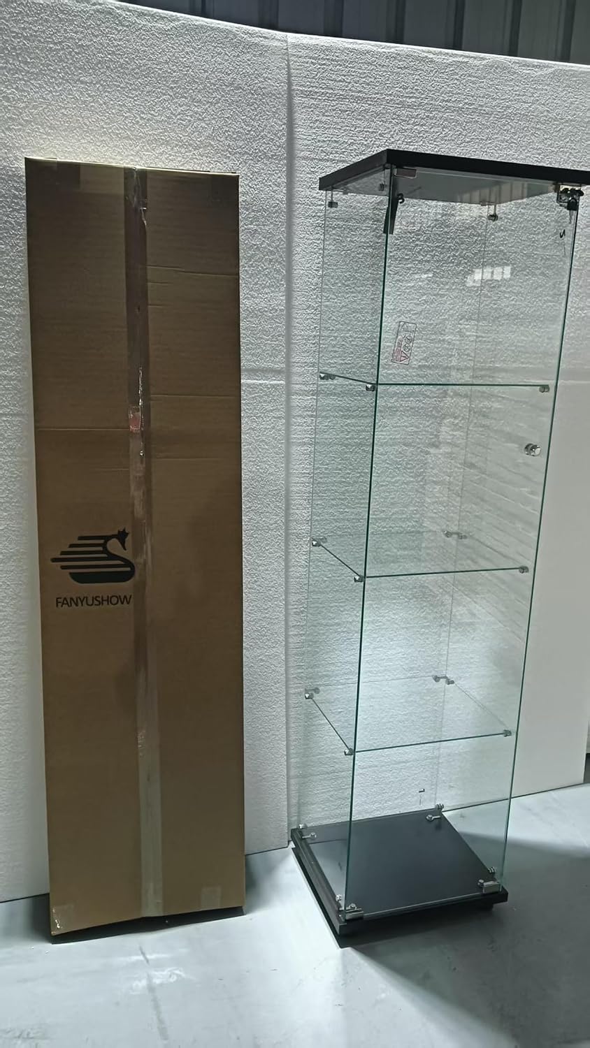 FANYUSHOW Display Cabinet with Glass Door and LED Light, 4-Tier Tempered Glass Display Shelf, Glass Curio Cabinet Collection Display Case, Display Case Cabinet, White 64.7" H x 16.7" L x 14.37" W