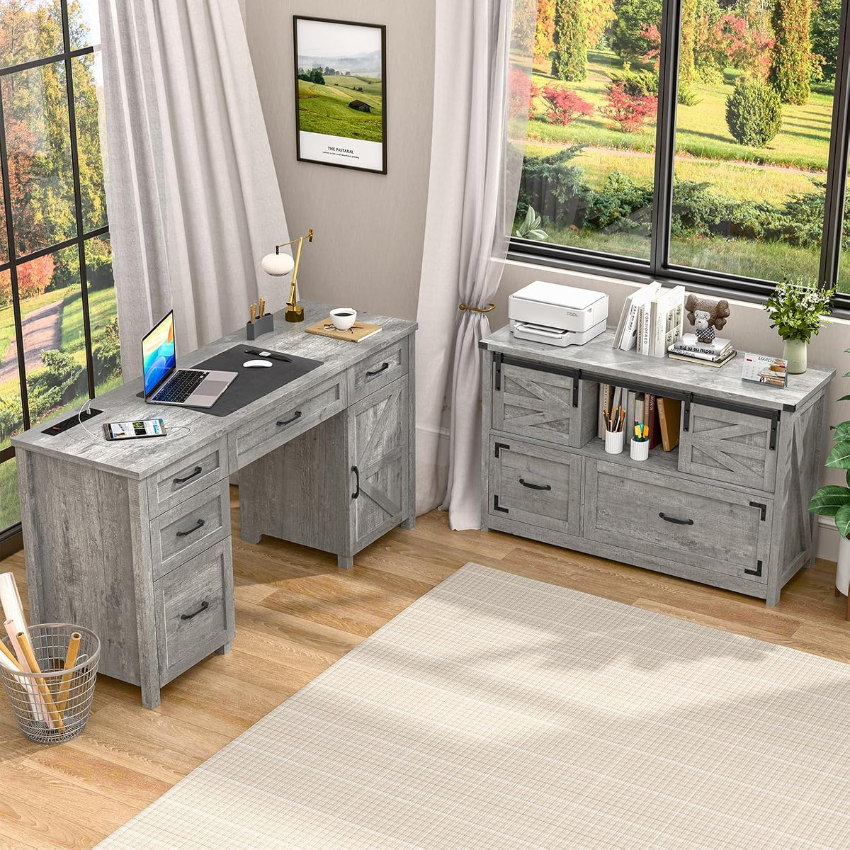Halitaa Lateral File Cabinets 2 Drawer with Sliding Barn Doors, Grey | Farmhouse File Cabinet with 2 drawer for Home Office,Filing Organization Storage Cabinet for Hanging Files Letter/Legal/F4/A4