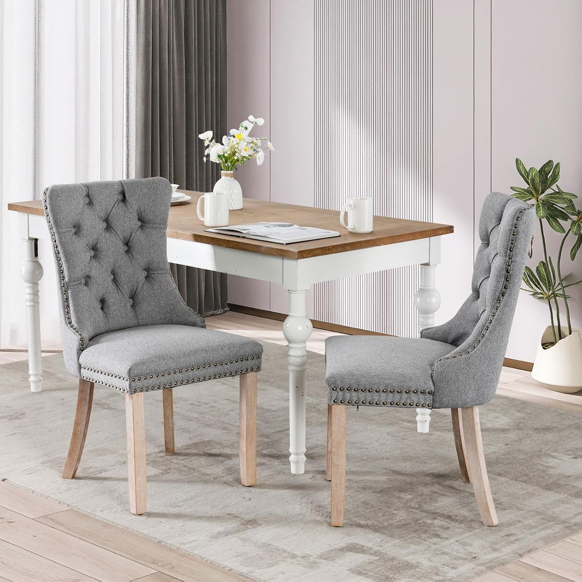 Dining Table and Dining Chair Set 23.6" White Round Table&2 Linen Fabric Upholstered Wooden Legs Chairs for Kitchen Dining Room Small Space 3 Piece Dining Table and Chair Set(Grey)