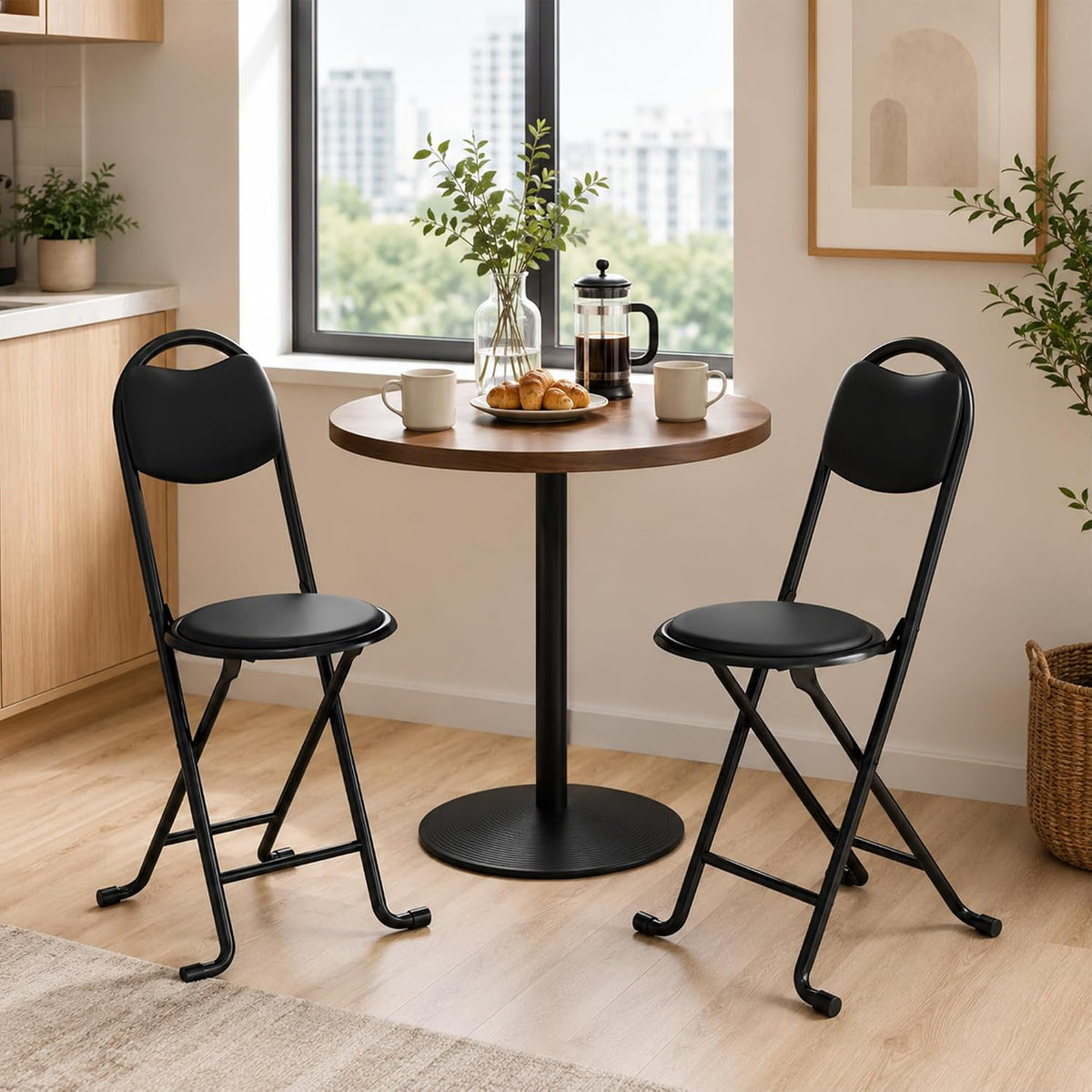 2 Pack Folding Stool with Back, 17 Inch Small Folding Chair, Black Stool with Padded PU Seat, Portable Foldable Stool Chair for Kitchen, Camping, Outdoor, Extra Seating, Black