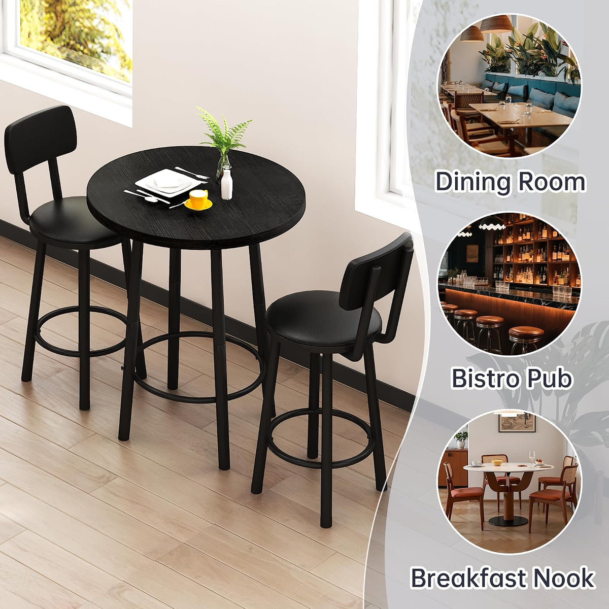 Recaceik 3‑Piece Pub Dining Set, Counter Height Modern Round Bar Table with Wood Top, Pub Table and Stools for 2, Easy Assemble Bistro Set for Breakfast Nook, Living Room, Small Space Restaurant