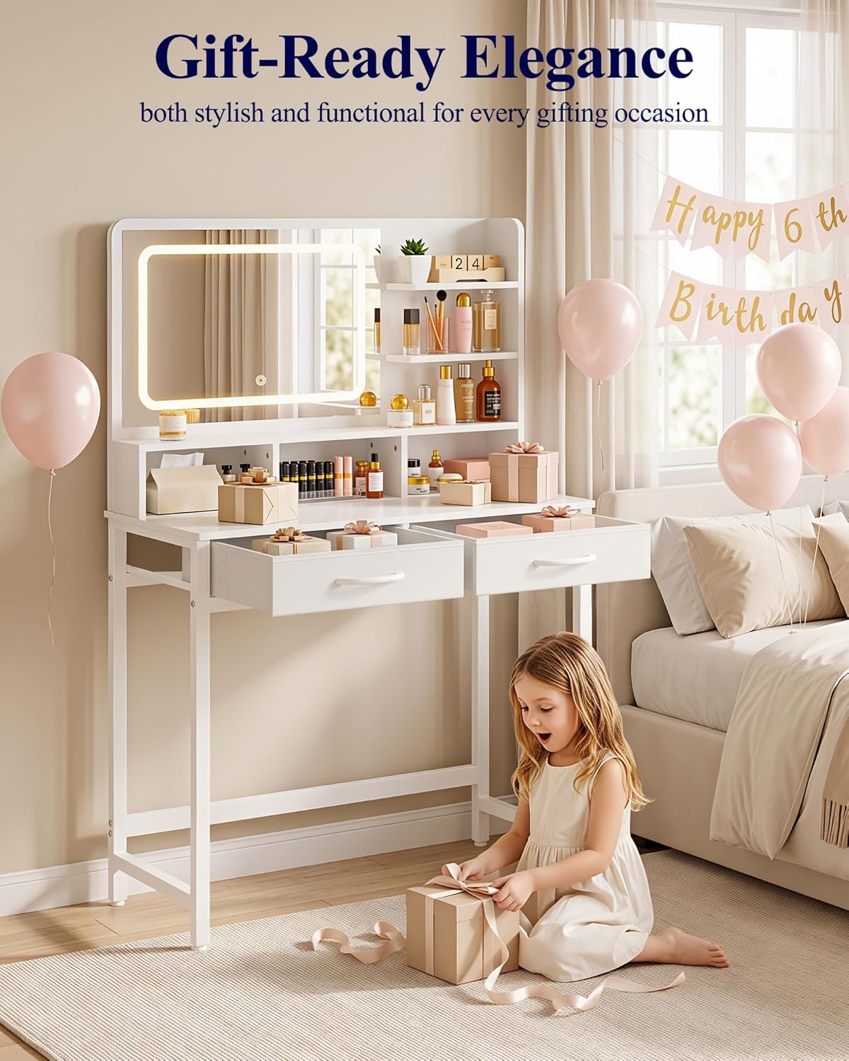 Kitsure 31.5" W Small Vanity Desk with Mirror and Lights, 2 Fabric Drawers | Bedroom, Gifting, Makeup Vanity, 6 Open Shelves, 3 Lighting Modes, Stable Frame, White