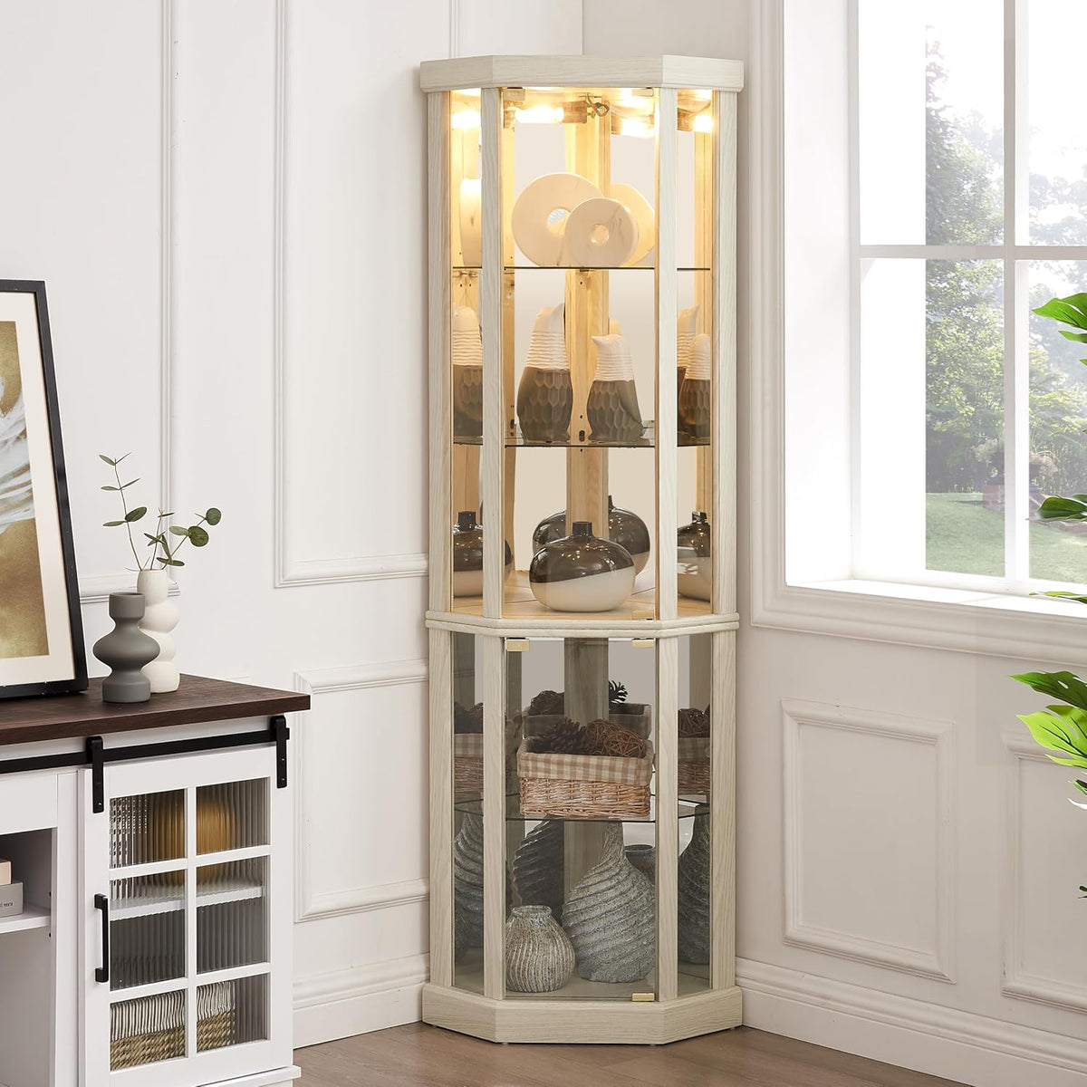 Corner Curio Cabinet, 70" H Lighted Glass Display Cage with Tempered Glass Doors and 5 Adjustable Shelves, Light Bulb Inclued, Wine Bar China Cabinet for Living Room (White)