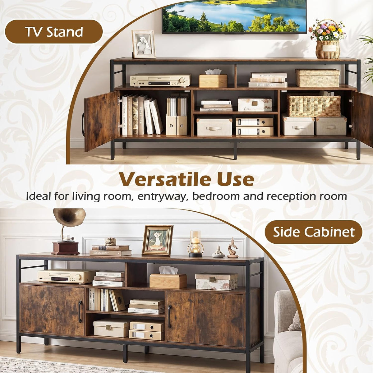 Tangkula Industrial TV Stand for TVs up to 65”, Entertainment Center with 2 Storage Cabinets & 4 Open Shelves, Wooden TV Cabinet with Raised Metal Legs, Media TV Console Table (Backless, Rustic Brown)