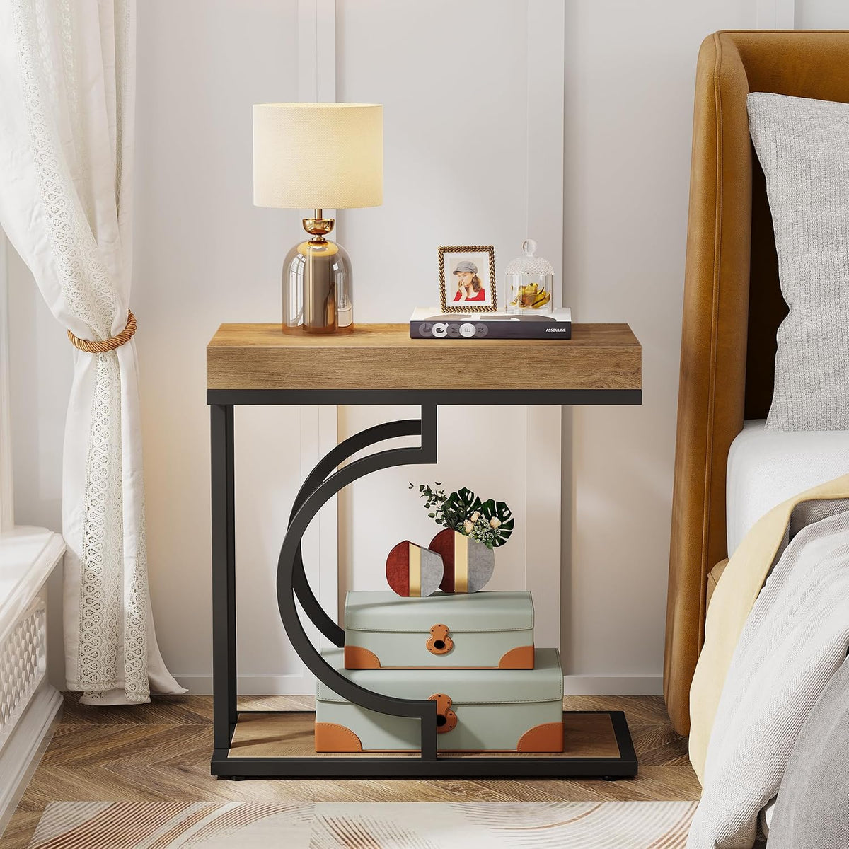 Tribesigns Narrow Side Table C Shaped End Table Modern Bedside Tables for Couch, Small Sofa Chairside Tables with Metal Frame for Living Room (2, Natural+Black)