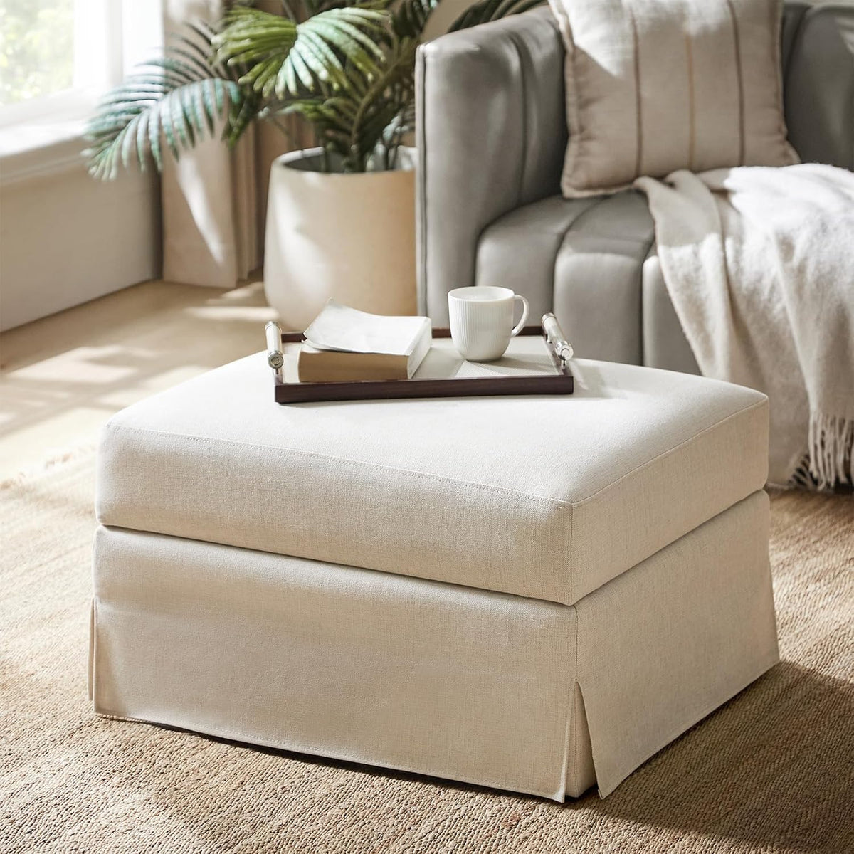 HULALA HOME Storage Ottoman Coffee Table with Lift Top, Farmhouse Linen Upholstered Ottoman with Removable Fabric Cover, 30-Inch Large Coffee Table with Storage for Living Room, Bedroom, Beige