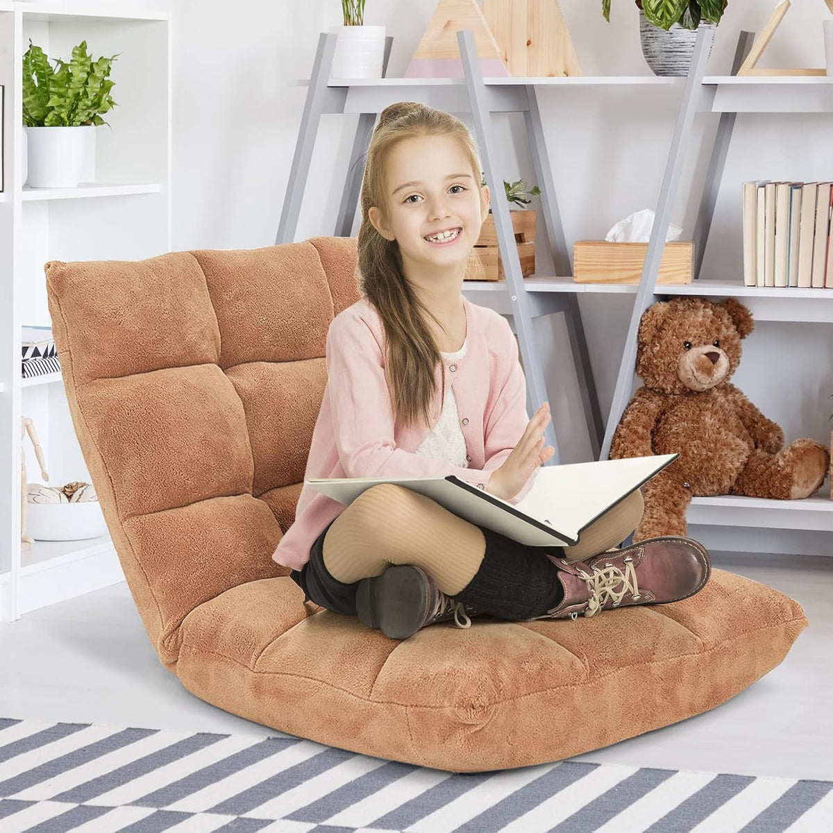 Giantex Folding Floor Chair with Back Support, 14 Adjustable Position, Padded Sleeper Bed, Couch Recliner, Gaming Floor Chairs for Adults, Meditation, Living Room (TAN)