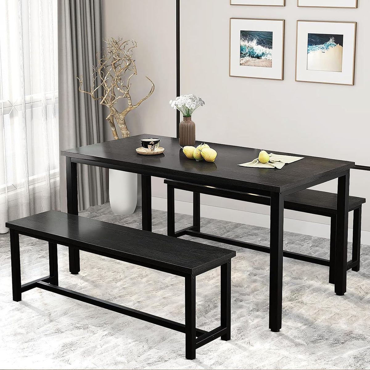DKLGG Dining Table Set for 4, Wooden Kitchen Table with 2 Dining Bench | 47.2” Farmhouse Dining Room Table Set, Space Saving Table and Chairs Set for Small Space, Kitchen,Dining Room,Apartment