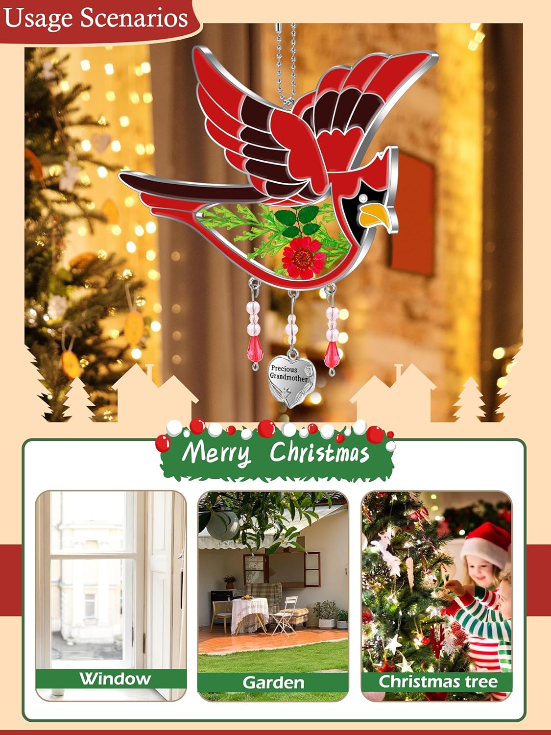 KY&BOSAM Cardinal Suncatcher Grandma Gifts Glass Suncatchers for Windows Hanings Wind Chime,Pressed Real Flower and Heart Precious Grandmother Charm Birthday Gift for Women Mother`s Day Christmas