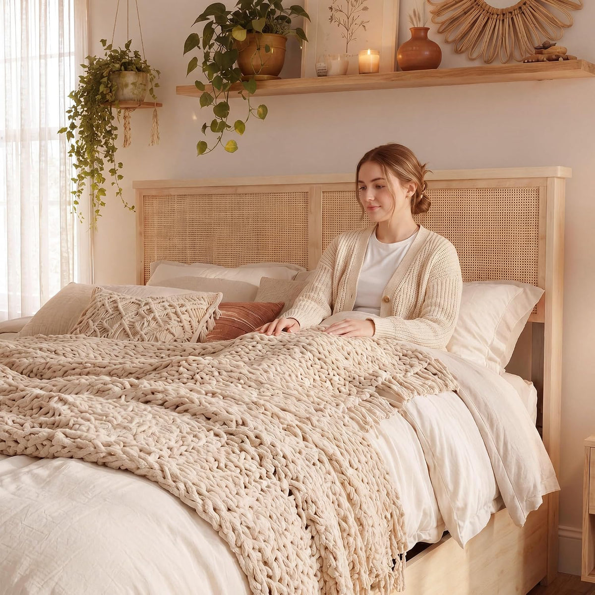 Brafab Natural Rattan Queen Bed Frame with Headboard, 4 Storage Drawers