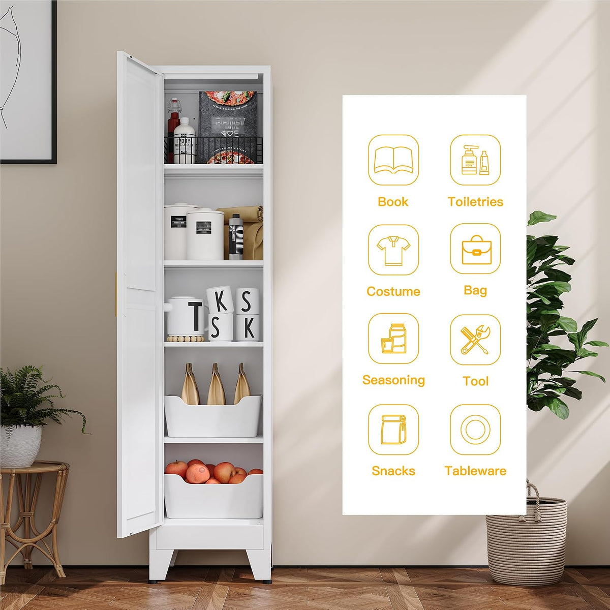YAUWOH White Narrow Metal Storage Cabinet, Tall Freestanding Cabinet with 4 Adjustable Shelves & Barn Doors, Pantry Organizer for Bathroom Kitchen Home Office Dining Room(1PC,White)