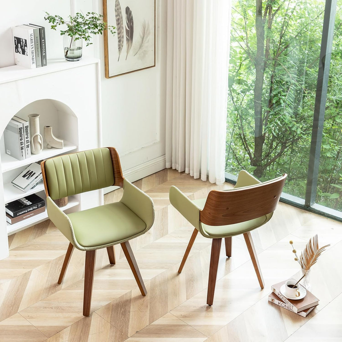 LUNLING Swivel Accent Faux Leather Dining Chairs, Mid Century Modern Chairs with Wooden Legs/Armrest/Upholstered Seat/Adjustable Foots for Kitchen Dining Room Desk Chairs,Green,1PCS