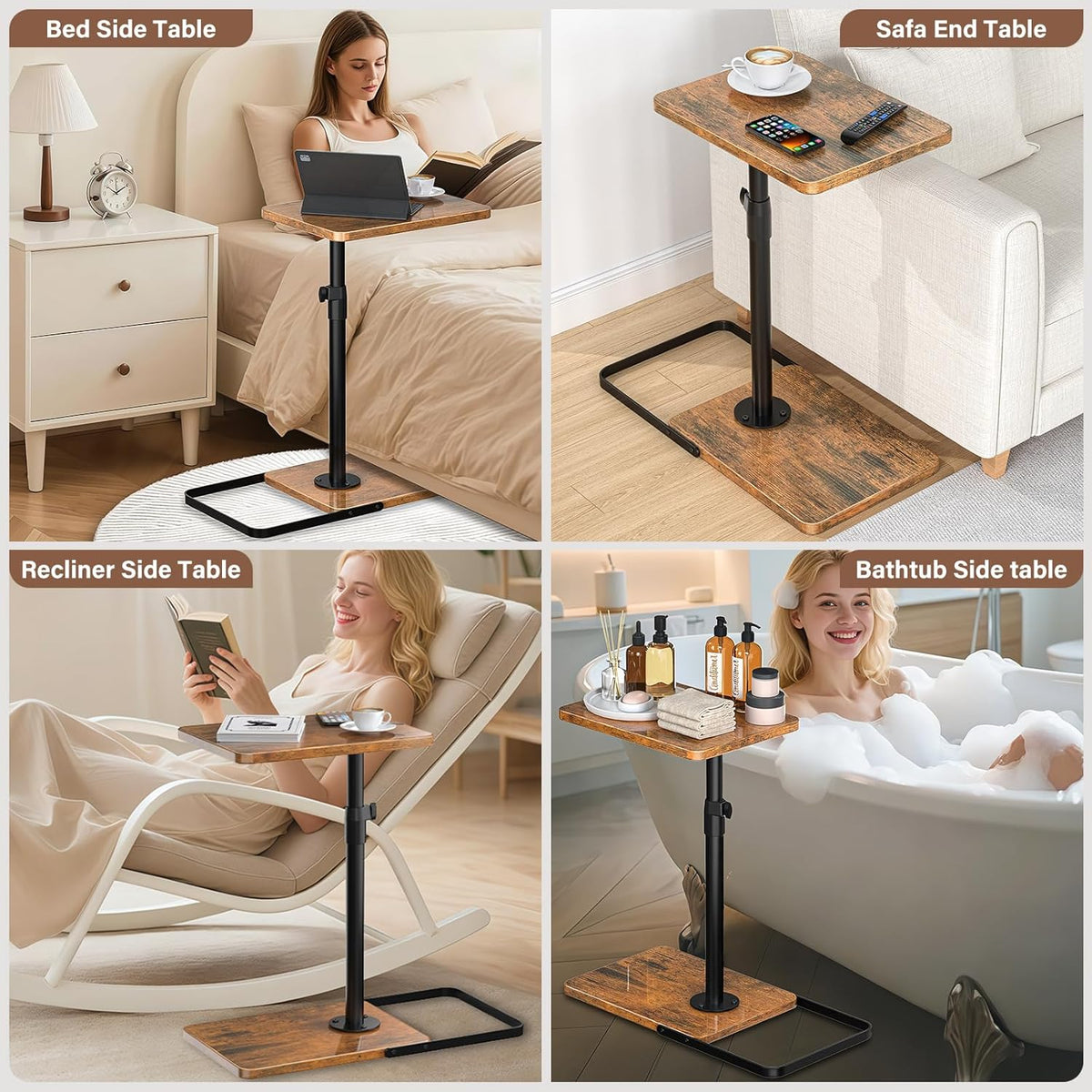 C Table End Table Adjustable Height, 360°Swivel TV Tray Table, Upgraded Metal and Wooden Base to Prevent Slipping, Couch Armrest Table Snack Tables for Laptop Sofa Bed Dinner or Small Space(Brown)