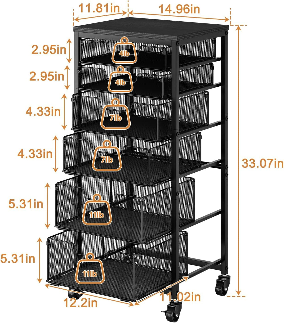 6-Tier Kitchen Storage Cart -Fruit Vegetable Storage Cart with Drawers, Wooden Top Metal Wire Kitchen Organizer and Storage Cart with Wheels to Storage Onions Potatoes Cans Snacks for Kitchen