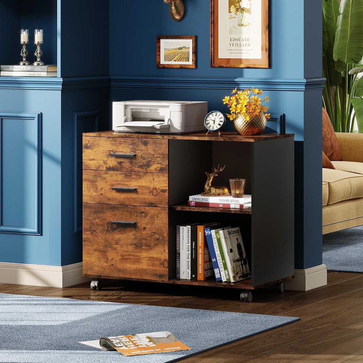 DEVAISE 3-Drawer Mobile File Cabinet, Lateral Filing Cabinet, Rustic Brown | Wood, Rolling Printer Stand, Under Desk Storage, Open Shelves, Fits Letter & A4 File, Home Office