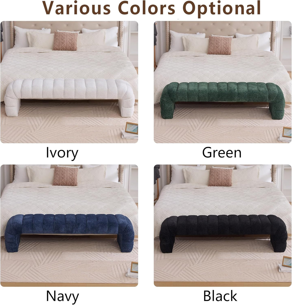 Arched Ottoman Bench for Bedroom Living Room,69.7" Chenille Long Benches for Bed End King Size,Modern Channel Tufted Seating Bench for Entryway,Window,Bedside (Ivory, 69.7")