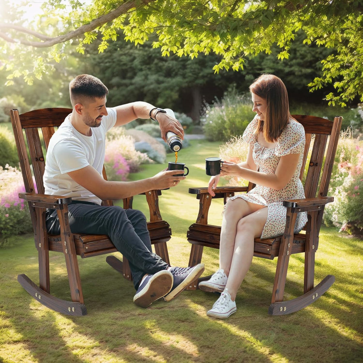 VINGLI Outdoor Rocking Chair, Heavy Duty 600 LBS Wooden Rocking Bench with Comfortable Backrest, Weatherproof Patio Rocker with Ergonomic Design, Wood Rocking Chair for Patio, Garden (Rustic, 2 PCS)