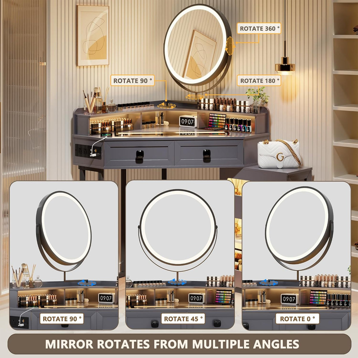 FREDEES Glass Top Makeup Vanity with Mirror and Lights | Corner Makeup Desk with Drawers and Shelves, Vanity Table with Charging Station and Stool for Bedroom/Cloakroom