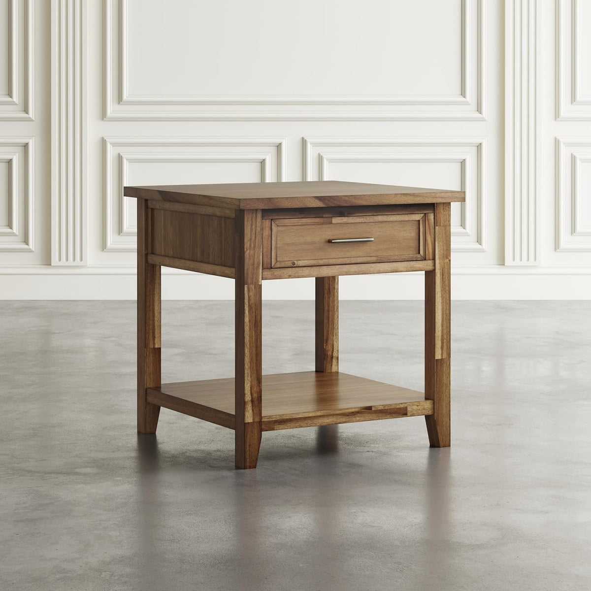 Jofran Acacia Wood Square End Table with Storage, Transitional Rustic Side Table for Living Room Bedroom, Accent Table, Wire Brush Brown