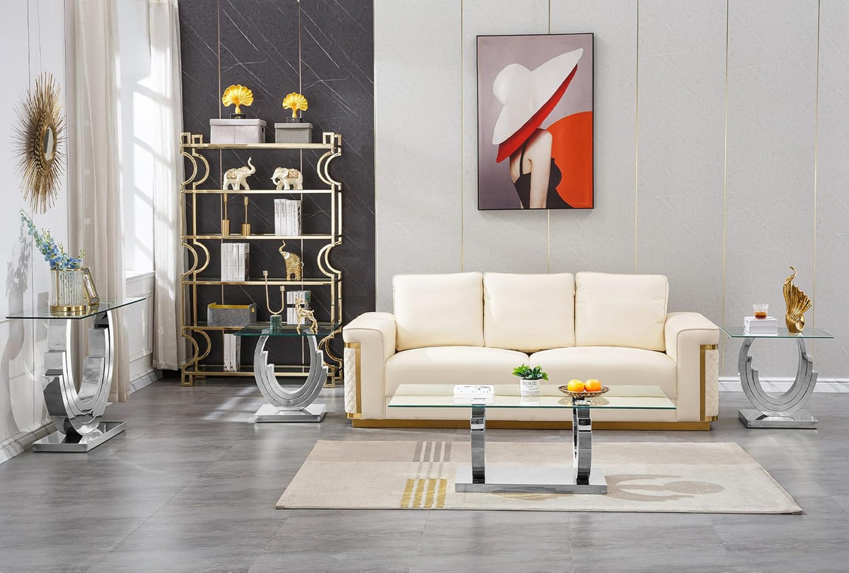 Luxury Glass End Table, 22.8" Sofa Side Table with Silver Ring-Shape Stainless Steel Frame and Clear Glass Top, Cocktail Tea Table, Modern Square End Table for Home Office