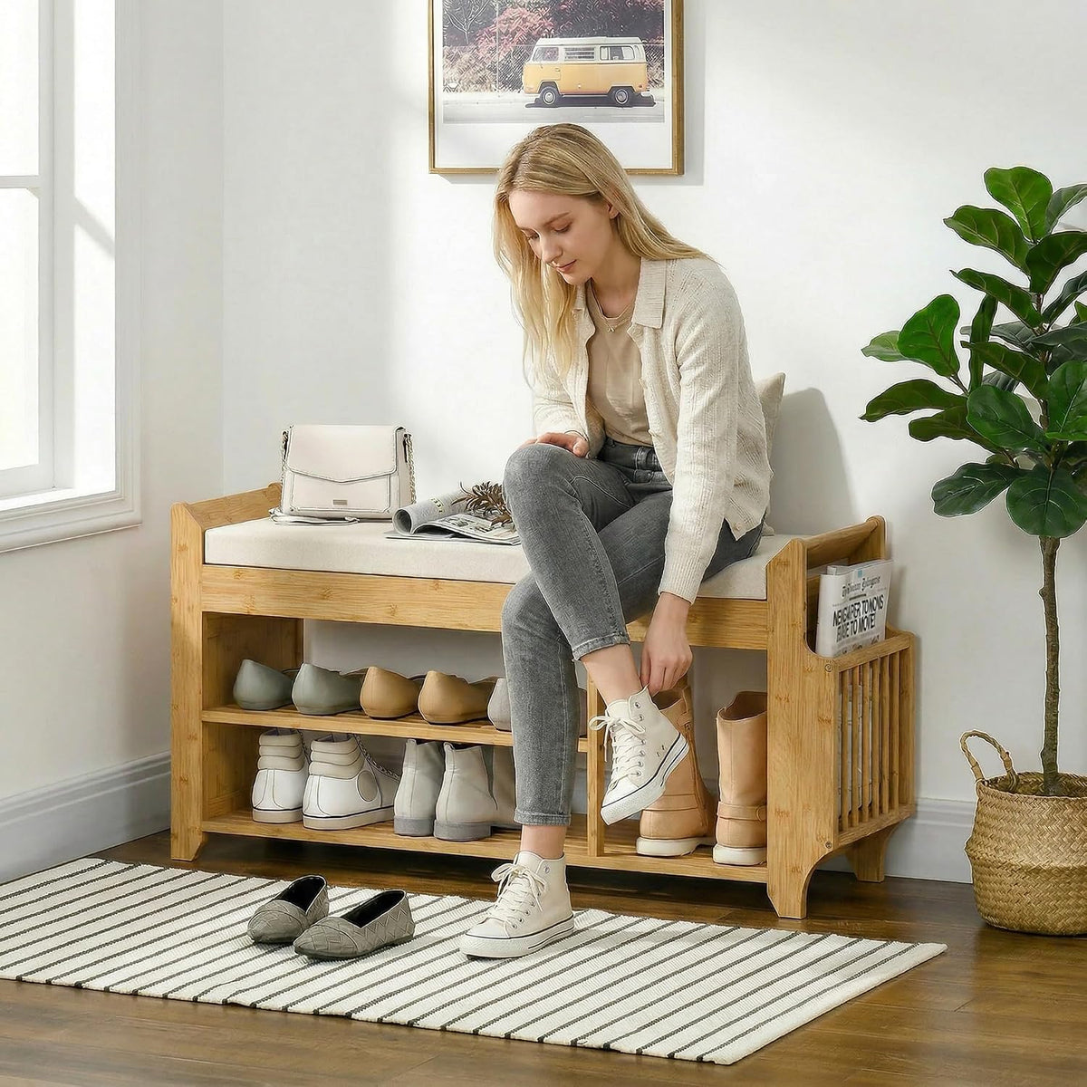 HOMCOM Shoe Bench with Cushioned Seat, 2-Tier Entryway Bench with Side Umbrella Holder, 39.4" in Natural Bamboo Shoe Rack for Hallway, Living Room, Natural and Cream