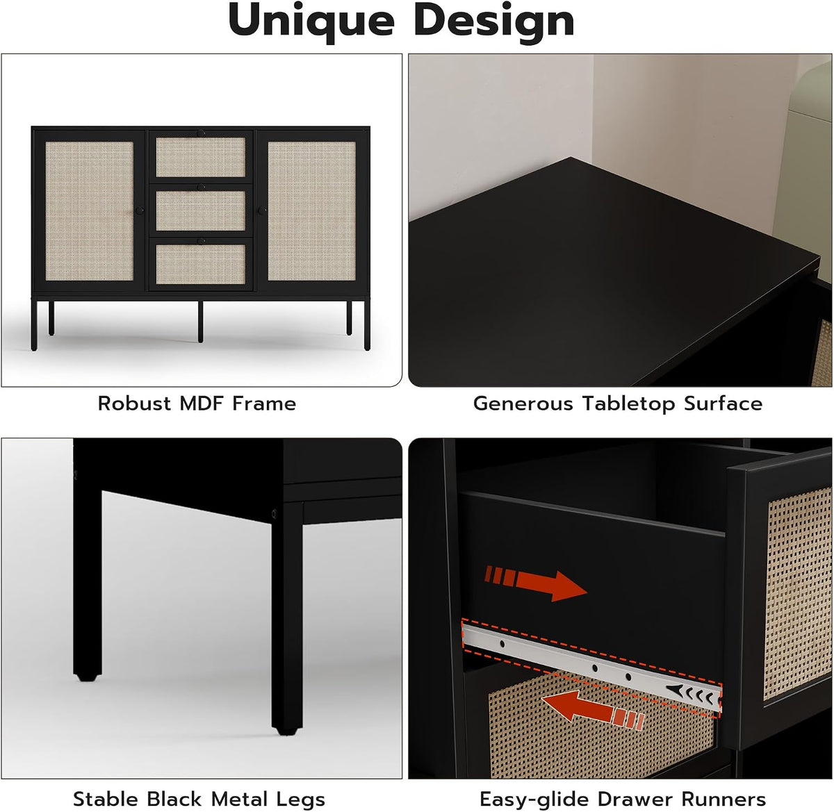 Rattan Sideboard Buffet Cabinet with 2 Doors & 3 Drawers, Mid Century Modern Credenza with Adjustable Shelves, Boho Storage Cabinet for Living Room, Hallway & Kitchen (Black, 47 inch)