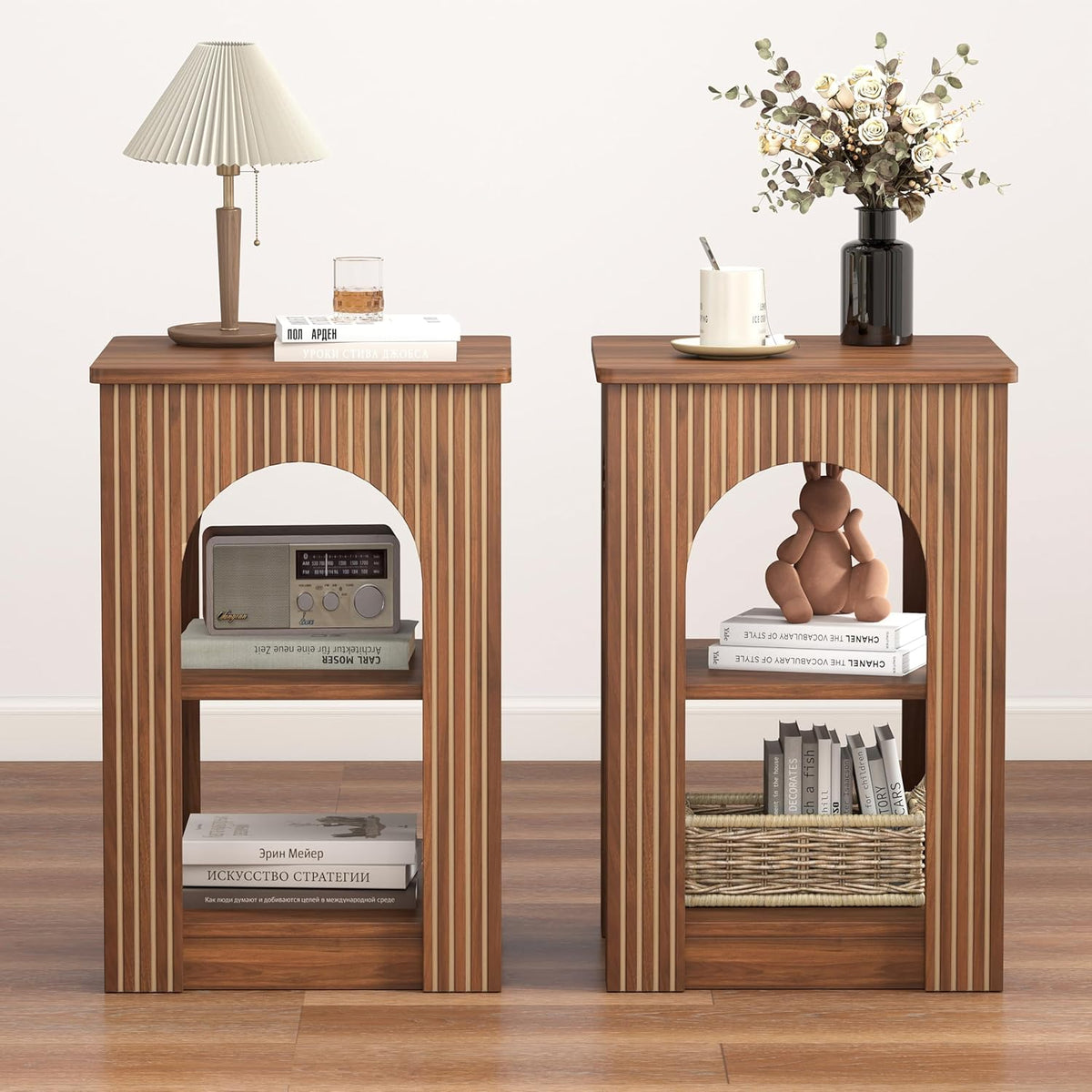 weselon End Table Set of 2, Mid-Century Modern Side Table with 3-Tier Storage Shelves and Arched Carving Lines, Square Fluted Nightstand for Living Room, Bedroom, or Office (2, Walnut)
