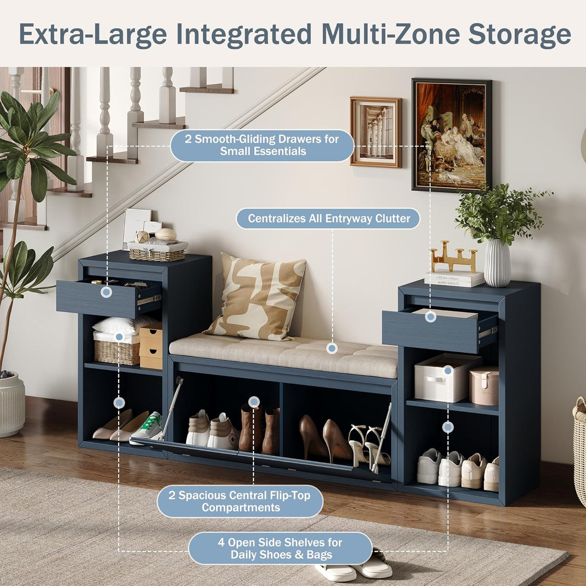 All in One Entryway Shoe Storage Bench with Cushion, Compartments, Drawers, Open Shelves for Hallway, Mudroom, Living Room Antique Navy