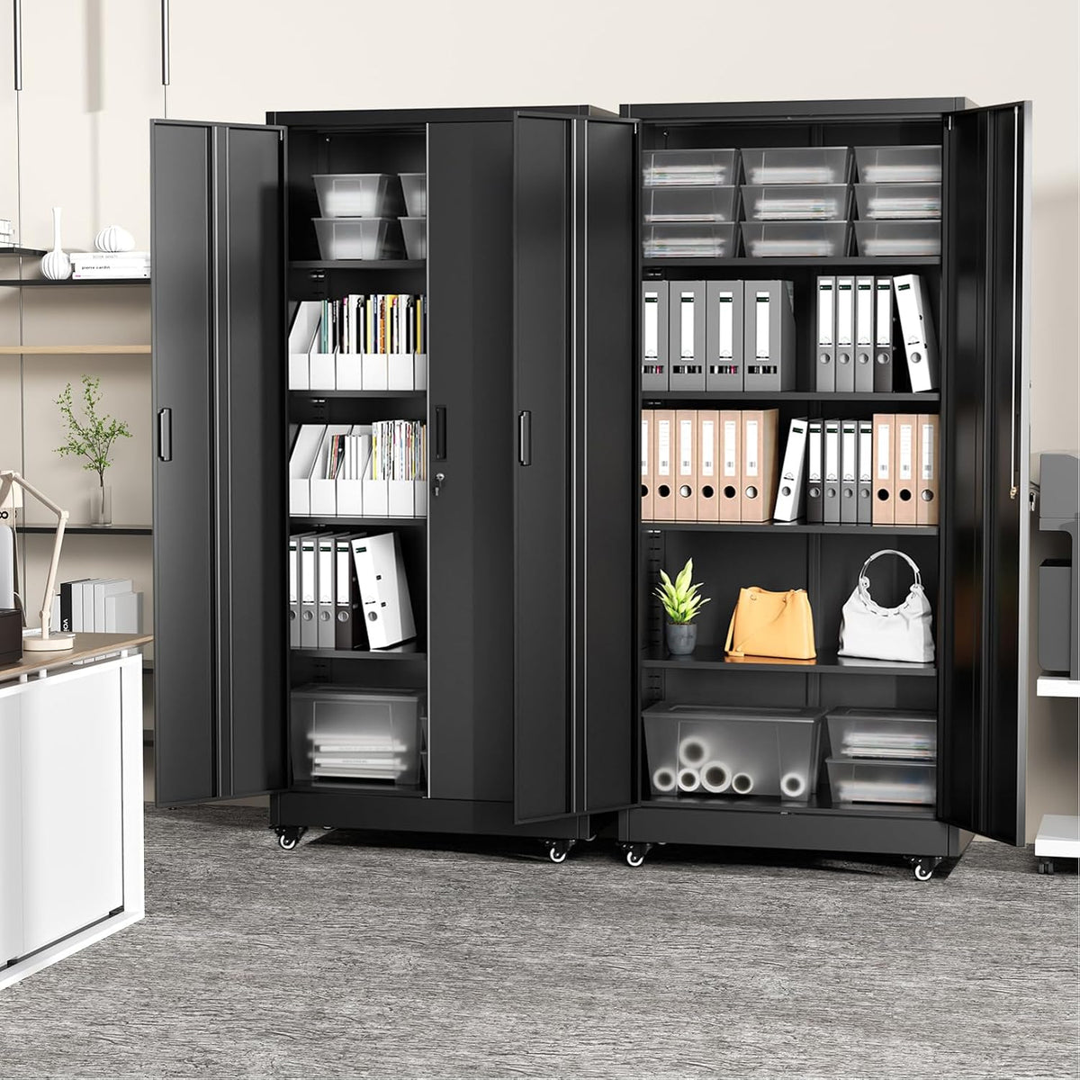 Greenvelly 73" Metal Garage Storage Cabinet with Wheels, Black Lockable Metal Cabinet with 2 Doors and 4 Adjustable Shelves, Rolling Steel Tool Organization for Garage, Home, Office, School