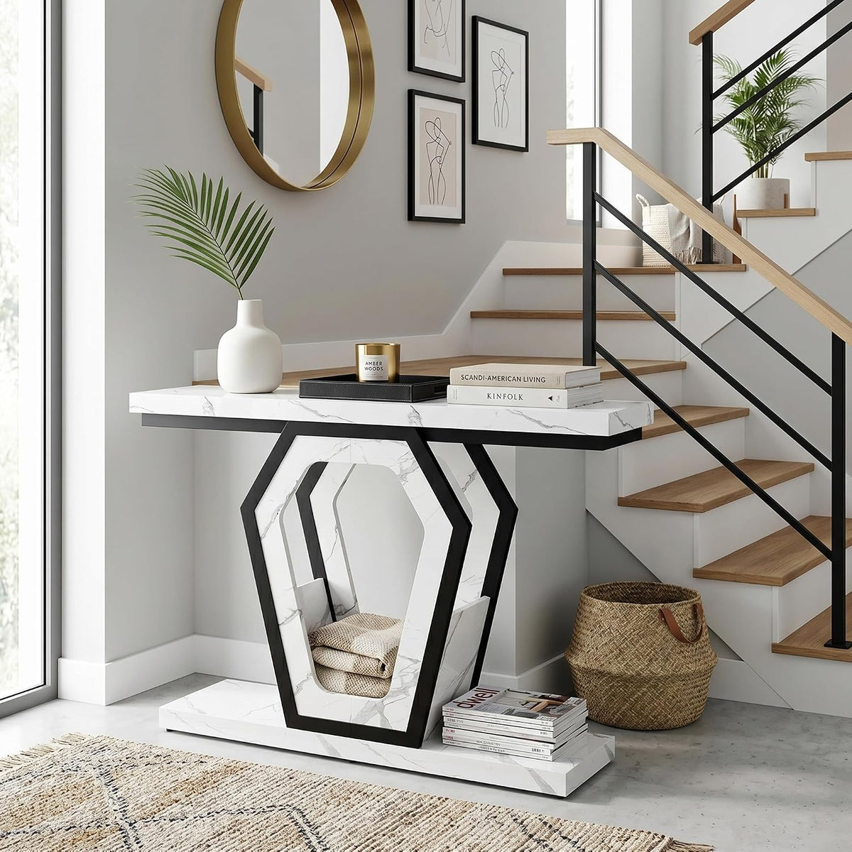 senlin Sofa Table 47.3 Inch Narrow Console Table with Openwork Frame, Industrial Entryway Table for Hallway, Rustic Wood and Metal, Adjustable Leg Pads, Easy Assembly(White Marble Texture)