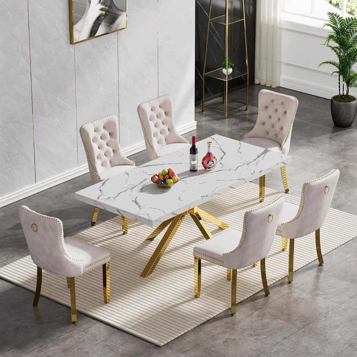 70 inch Faux Marble Dining Table for 4-6, Modern Kitchen Table with White Faux Marble Tabletop, Gold Stainless Steel X Base, Rectangular Dining Room Table for Dinner, Party, Meeting, Celebration