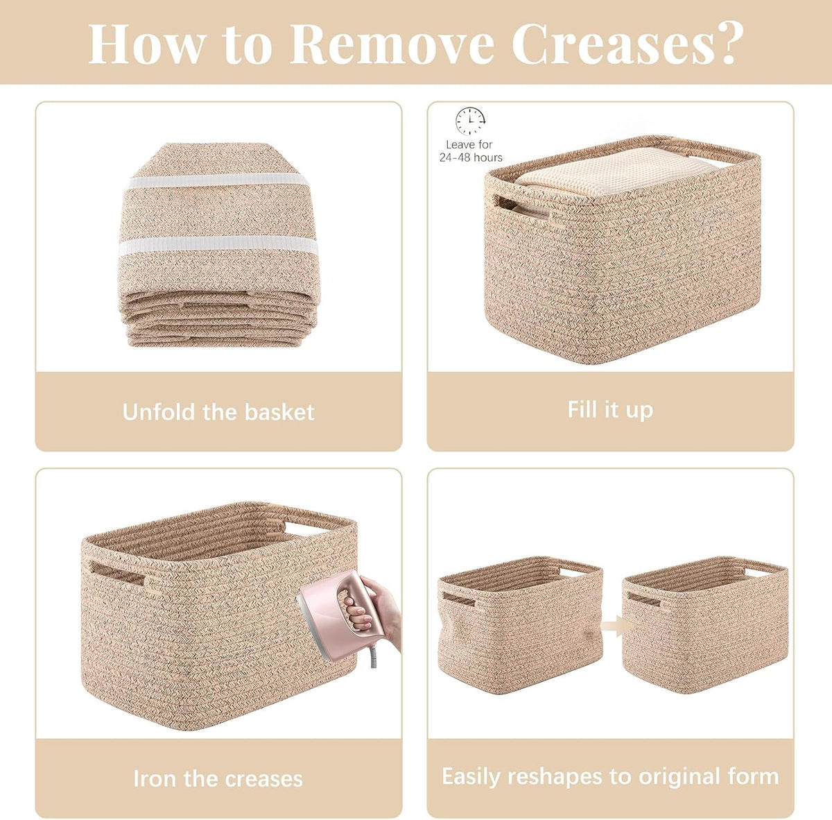 OIASKET 4Packs Natural Cotton Rope Storage Baskets for Organizing Toys, Clothes, Towels & Books, Soft Versatile Organizers for Shelves, Home Decorative Bins, 13''Lx9''Wx7.8''H, Brown