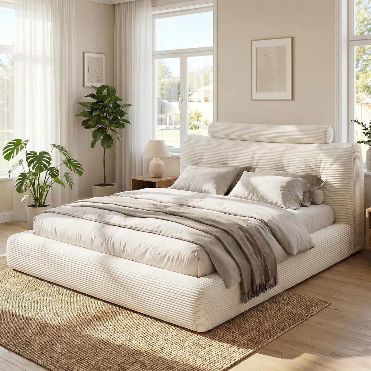 Homkdom Queen Cloud Bed Frame with 360 Cushioned Foam, White