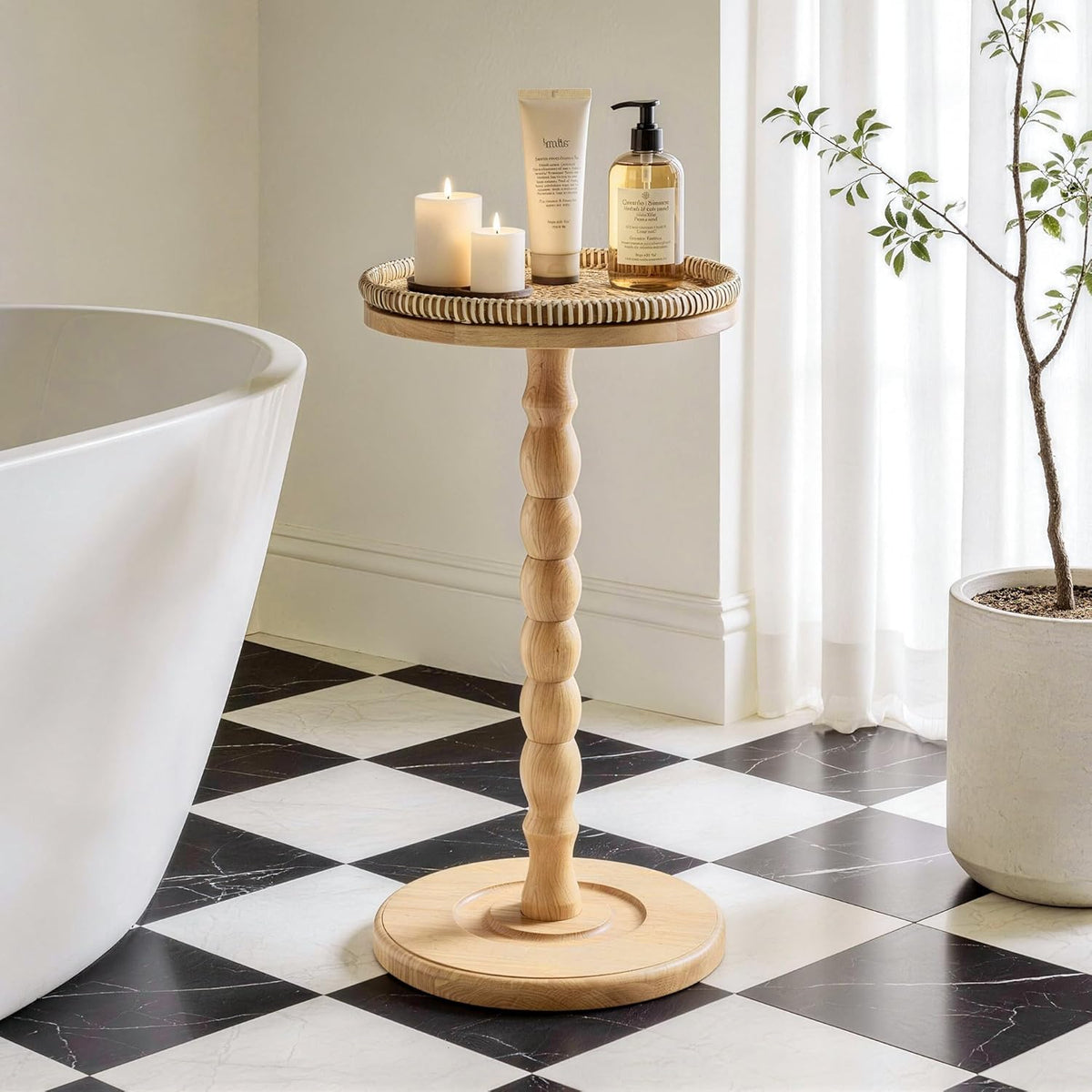 Rattan Round Side Table, Rubberwood Small Drink Table for Small Spaces, Solid Wood Pedestal Coffee Tables, End Tables for Living Room, Sofa Couch, Bedroom, Corners, and Outdoor (Natural)