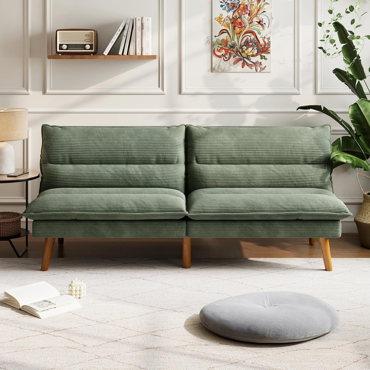 LINSY HOME Futon Sofa Bed - Convertible Corduroy Futon Couch Bed with Adjustable Backrest, Modern Small Loveseat Sleeper Sofa for Small Spaces, Living Room, Apartment or Office (Green)