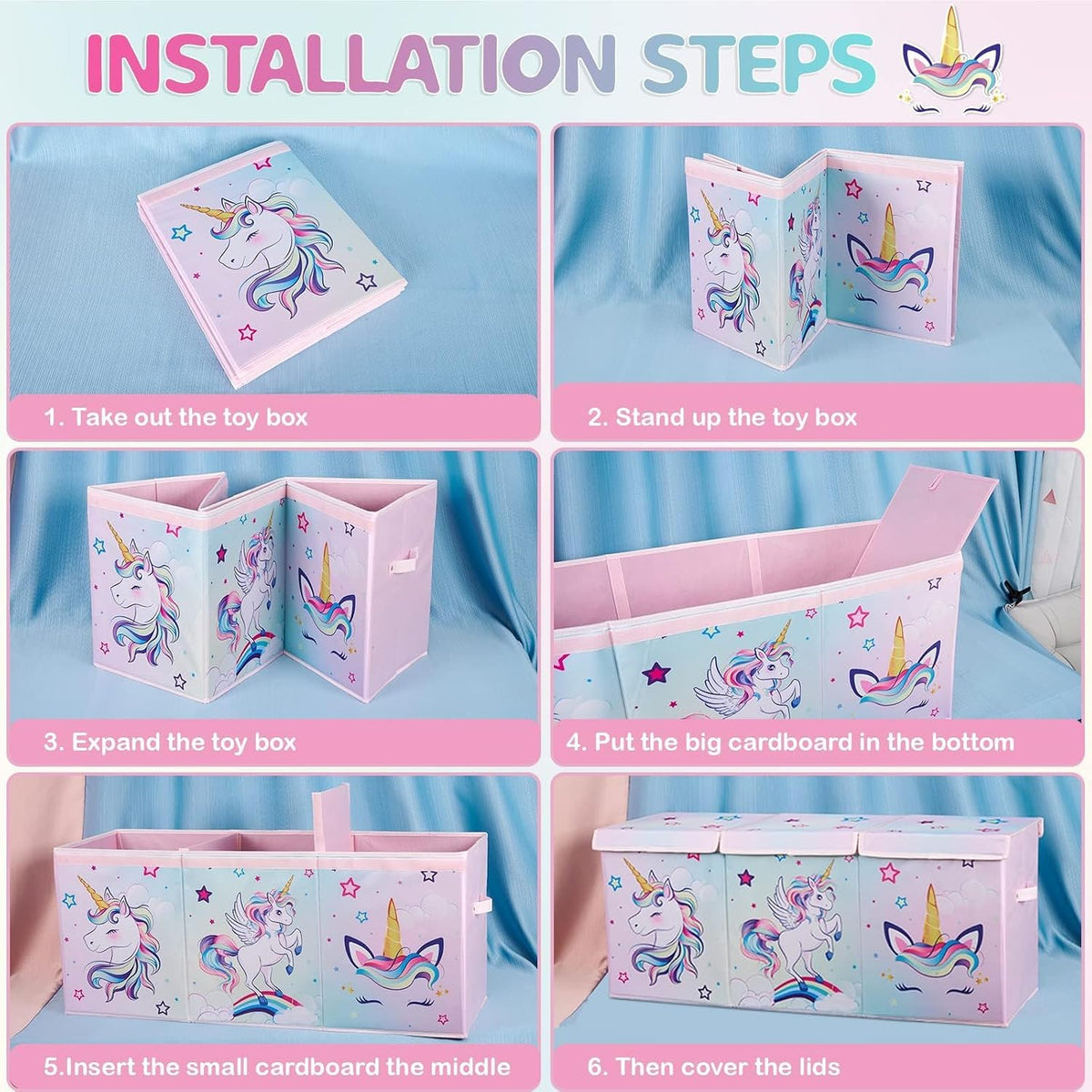 WERNNSAI Extra Large Toy Chest,Unicorn Toy Box Chest Organizer with Handles | Collapsible Sturdy Storage Bin with Flip-Top Lid, 38 x 13 x 16 Inch for Kids Girls Pink Closet Nursery Living Room Bedroom