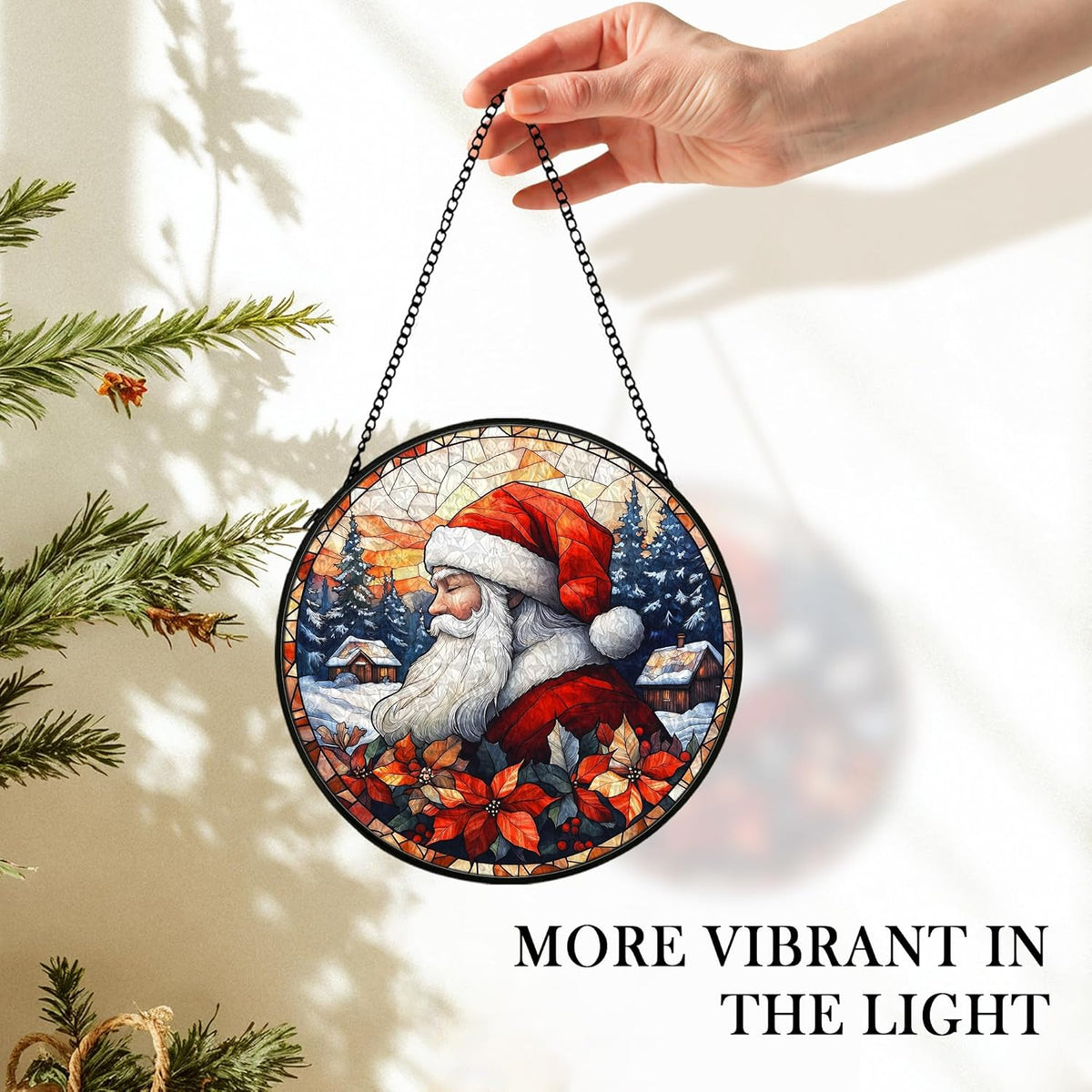 Christmas Santa Suncatcher Stained Glass Window Hanging Decor, Farmhouse Winter Xmas Santa Stained Glass Wall Decor, Christmas Garden Sun Catchers Indoor Window Hanging Wall Art Lawn, 7.9x7.9In