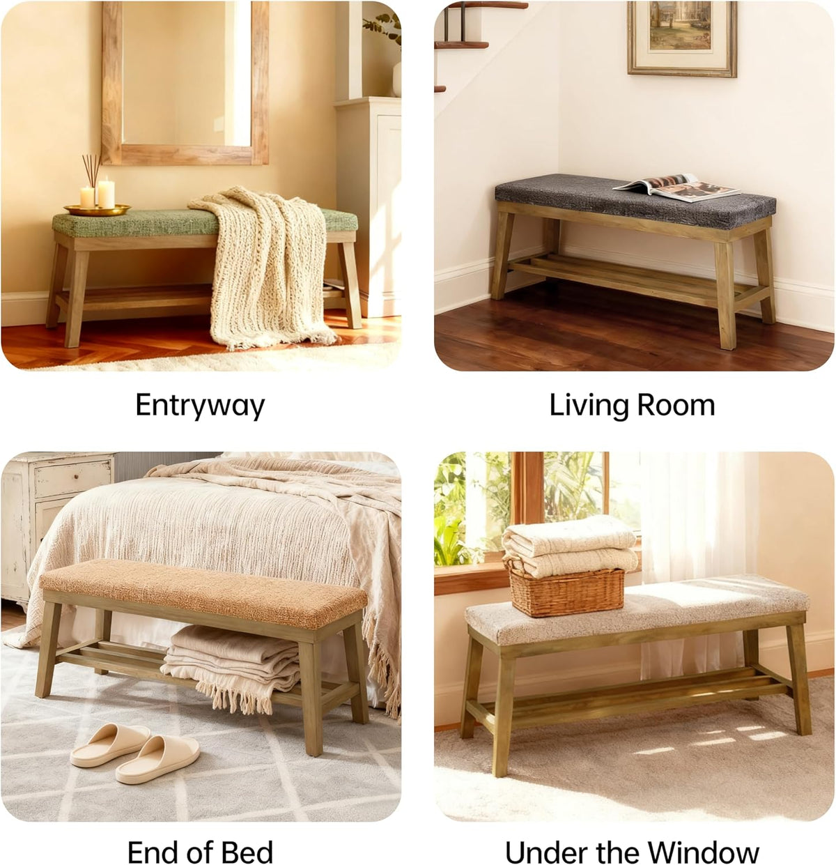 VKNOW Entryway Bench, 44.4" Upholstered Shoe Storage Bench for Entryway & Bedroom, Shoe Bench with Rubberwood Legs, Modern End of Bed Storage Bench for Living Room and Hallway, Beige