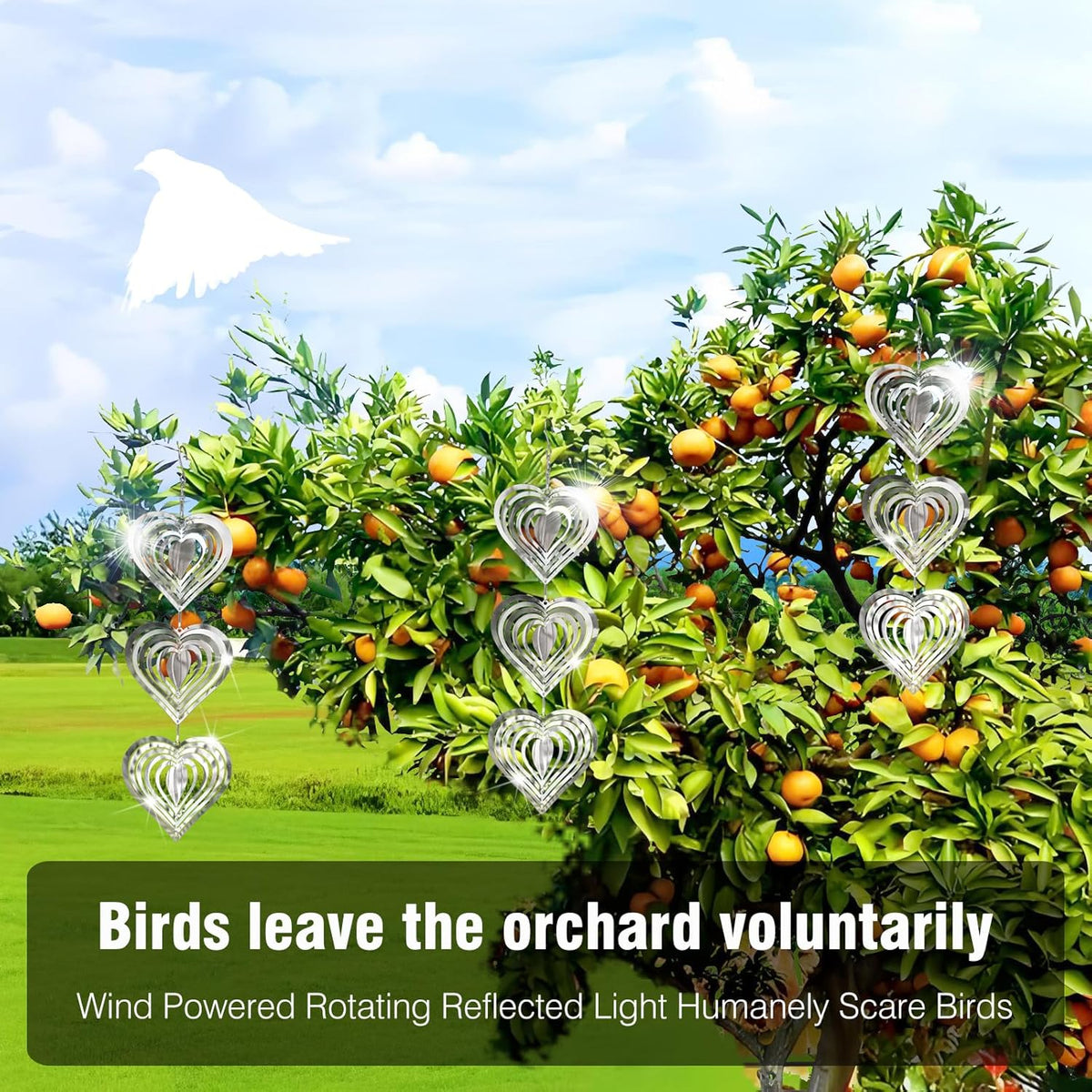 9 Heart Bird Scare Discs Set-Highly Reflective Double-Sided Bird Reflectors, Stainless Steel Wind Spinner with 360° Rotating Hook, Mirrored Wind Chime Decor for Yards, Gardens, Balconies & Orchards