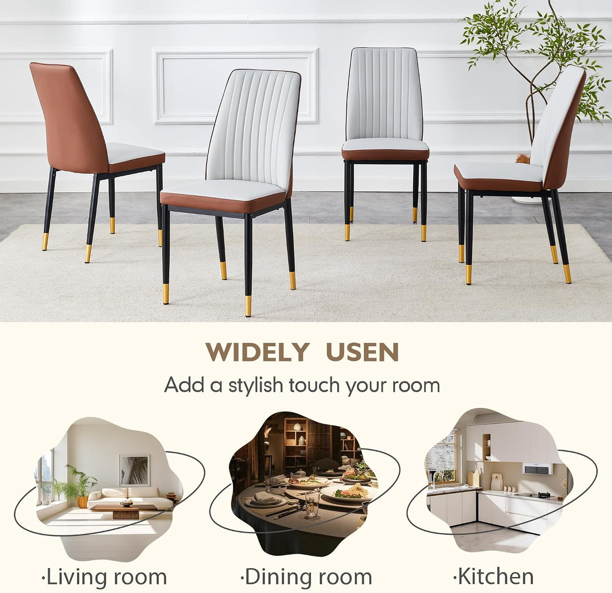 Upholstered Dining Chairs Set of 6, Mid-Century Modern Leather Dining Room Chair with Metal Legs & Padded Seat, Stylish Elegant Living Room Accent Chair (Brown-Grey, Set of 6)
