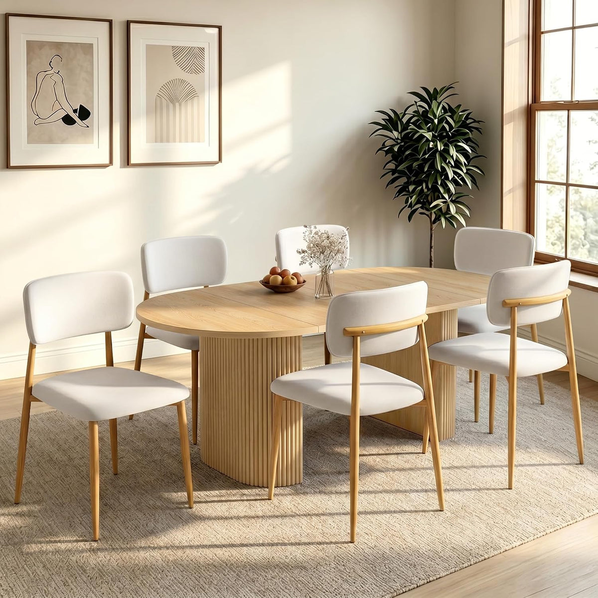 weselon Mid-Century Modern Dining Chairs Set of 4, Upholstered Velvet Dining Room Chairs with Ergonomic Curved Backrest, Wood Grain Metal Frame with Adjustable Feet (Natural Frame+Gray White Seat, 4)