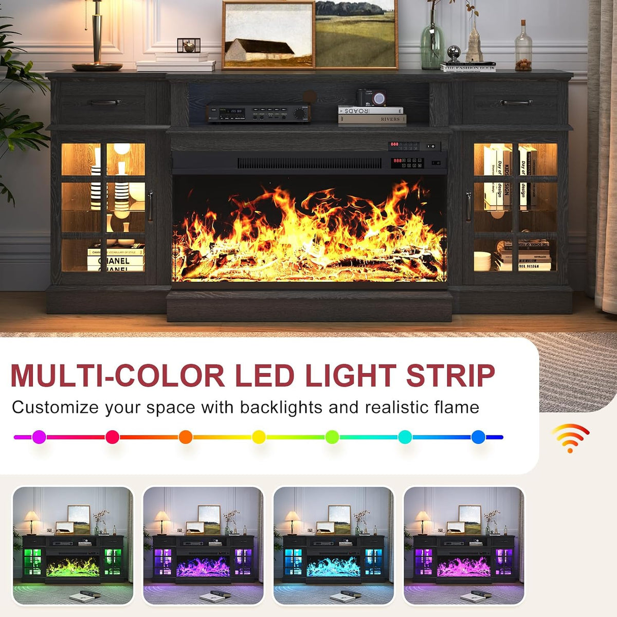 oneinmil 70" Fireplace TV Stand with 3-Sided Glass Fireplace, Modern Wood Entertainment Center with LED Lights and Glass Door, 36" Fire Place TV Stands for Living Room, Black