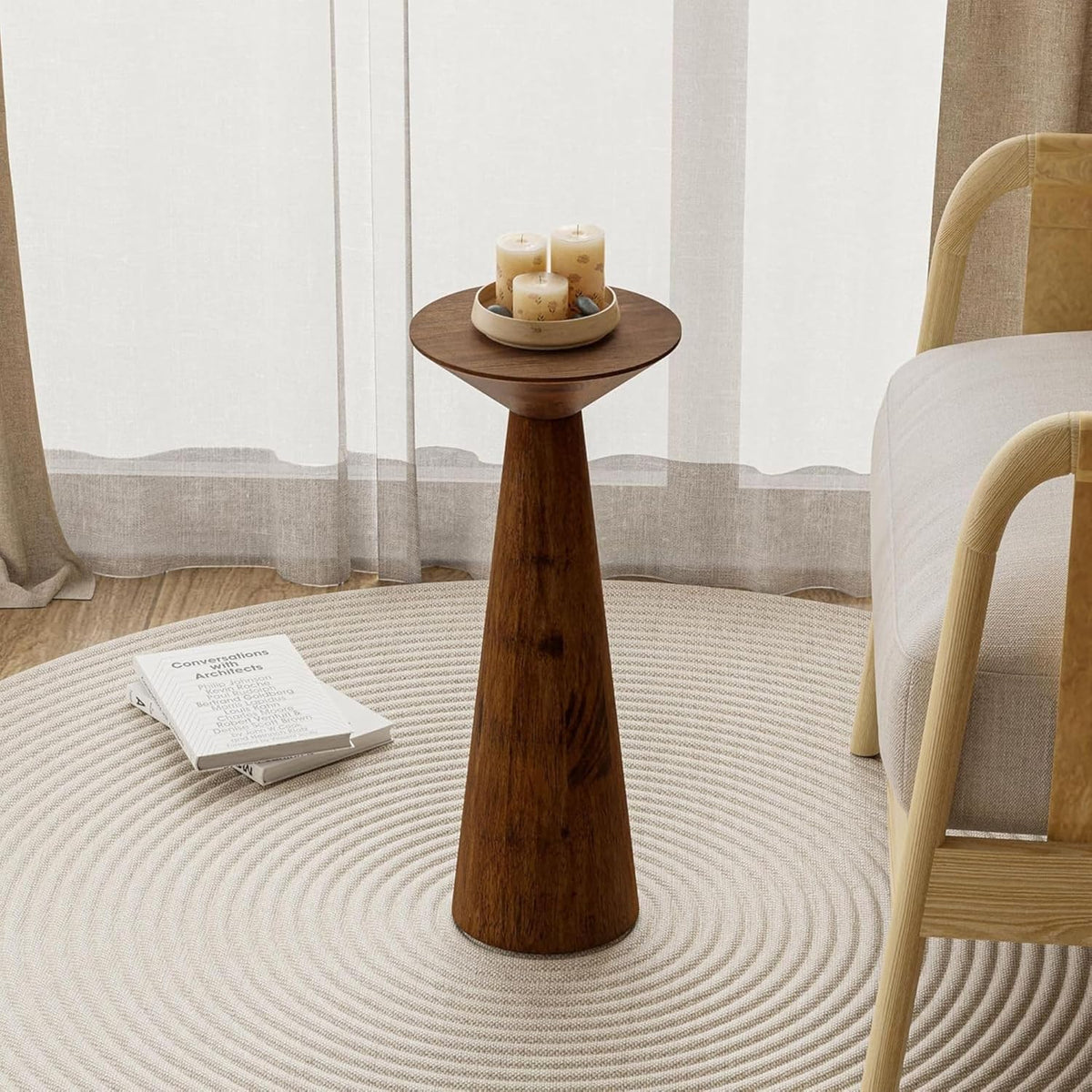 COZAYH Set of 2 22.8-Inch Tall Round Martini End Table, Walnut – Solid Pine Wood Pedestal Accent Drink Stand with Tapered Base – Farmhouse Modern Furniture for Living Room, Bedroom & Small Spaces