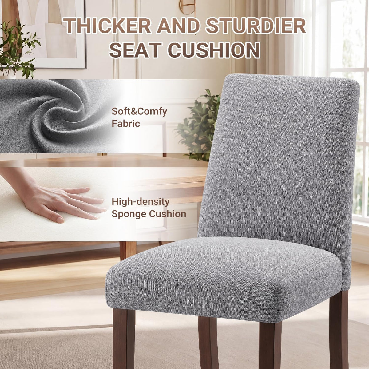 Upholstered Dining Chairs Set of 4, Mid-Century Dining Room Chairs with Wooden Legs, Farmhouse Fabric Parsons Chairs for Small Space Restaurant & Cafe- Gray