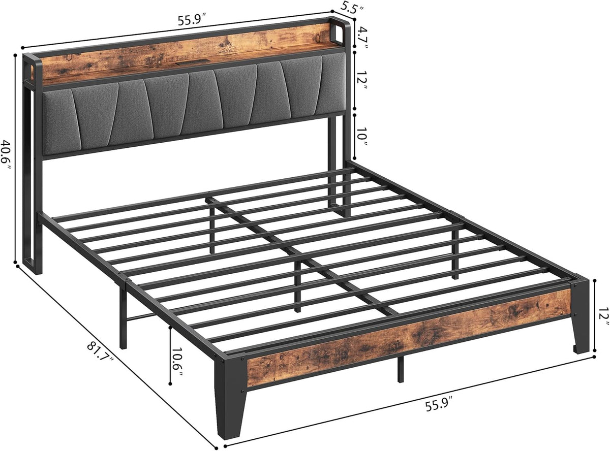 LIKIMIO Full Size Bed Frame with Storage Headboard and Charging Station