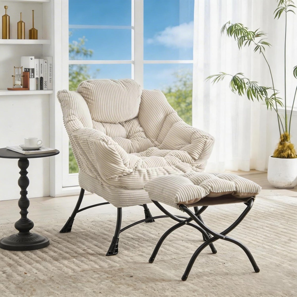 Corduroy Lazy Chair with Ottoman, Modern Large Accent Lounge Chair, Comfy Upholstered Reading Chair with Footrest, Oversized Leisure Armchair for Living Room, Bedroom, Dorm, White
