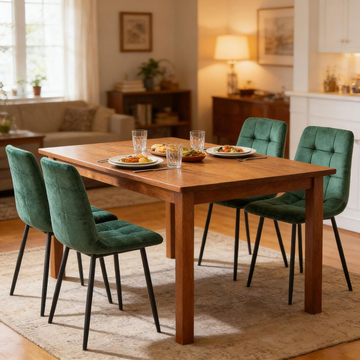 Velvet Dining Chairs Set of 4, Mid Century Upholstered Green Dining Room Chairs Tufted Upholstered Kitchen Chairs Set of 4 for Dining Room, Bedroom, Living Room