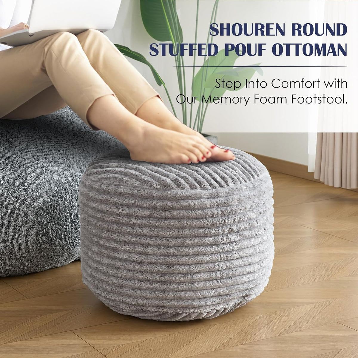 SHOUREN Stuffed Round Ottoman,Pouf Ottoman Foot Rest,20 X 15 in,Light Grey | Corduroy Cover,Memory Foam Filler,Pouf Storage Ottoman Footstool for Living Room,20 X 15 Floor Poufs for Couch,Footrest Only