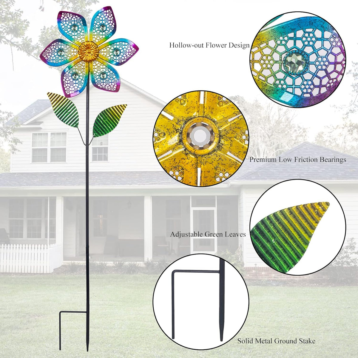 Wind Spinner with Metal Stake, Outdoor Garden Pinwheels Spinners Hollow-Out Flower Shape Design for Yard Lawn Patio Decor (2 Pack)